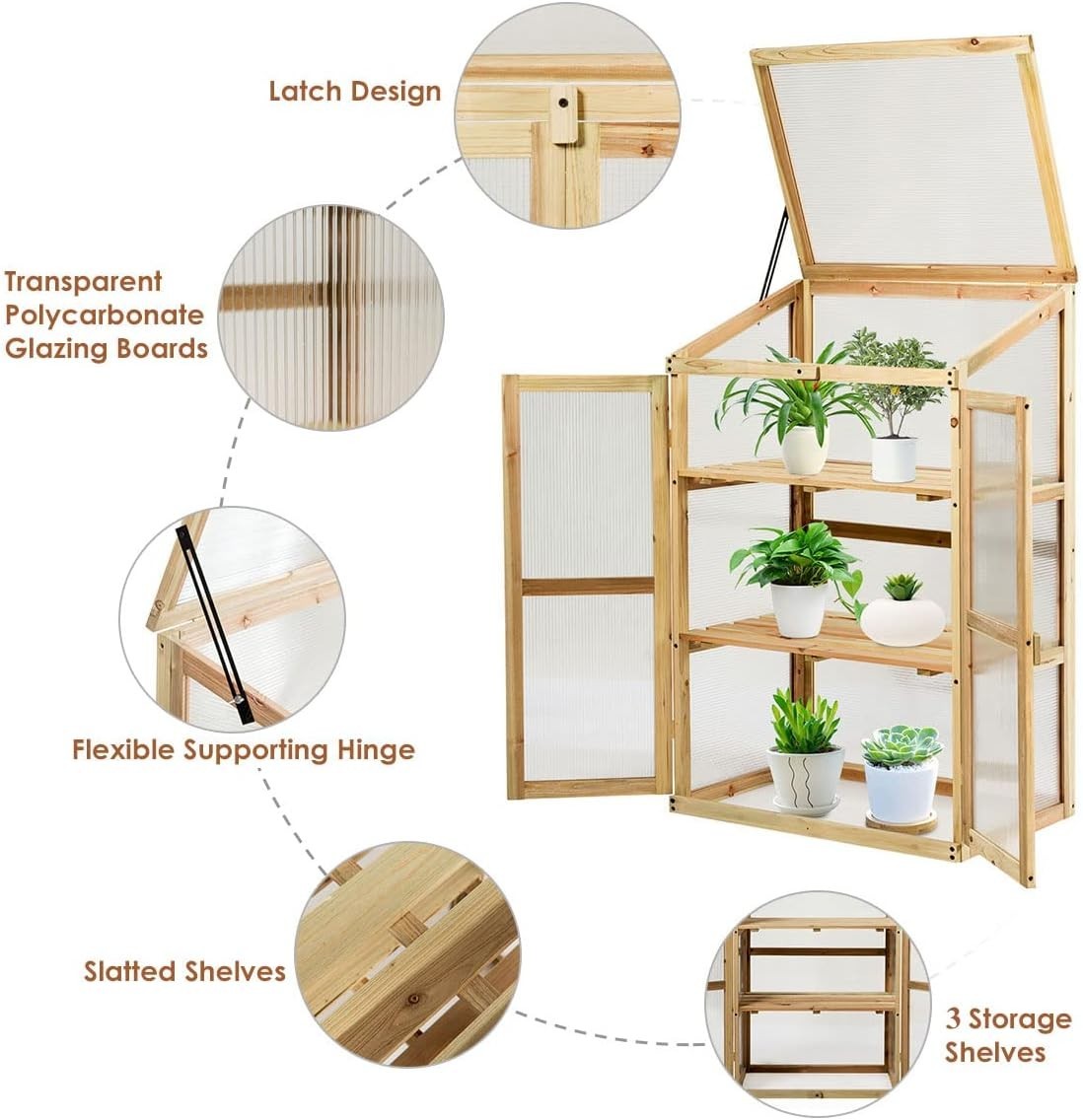 Mini Wooden Greenhouse 3-Tier Cold Frame with Doors & Skylight 60x45x100cm