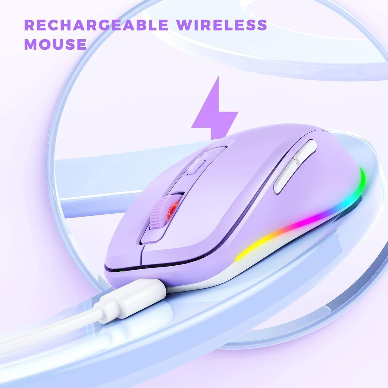 Purple RGB Wireless Mouse Rechargeable Silent USB Jiggler