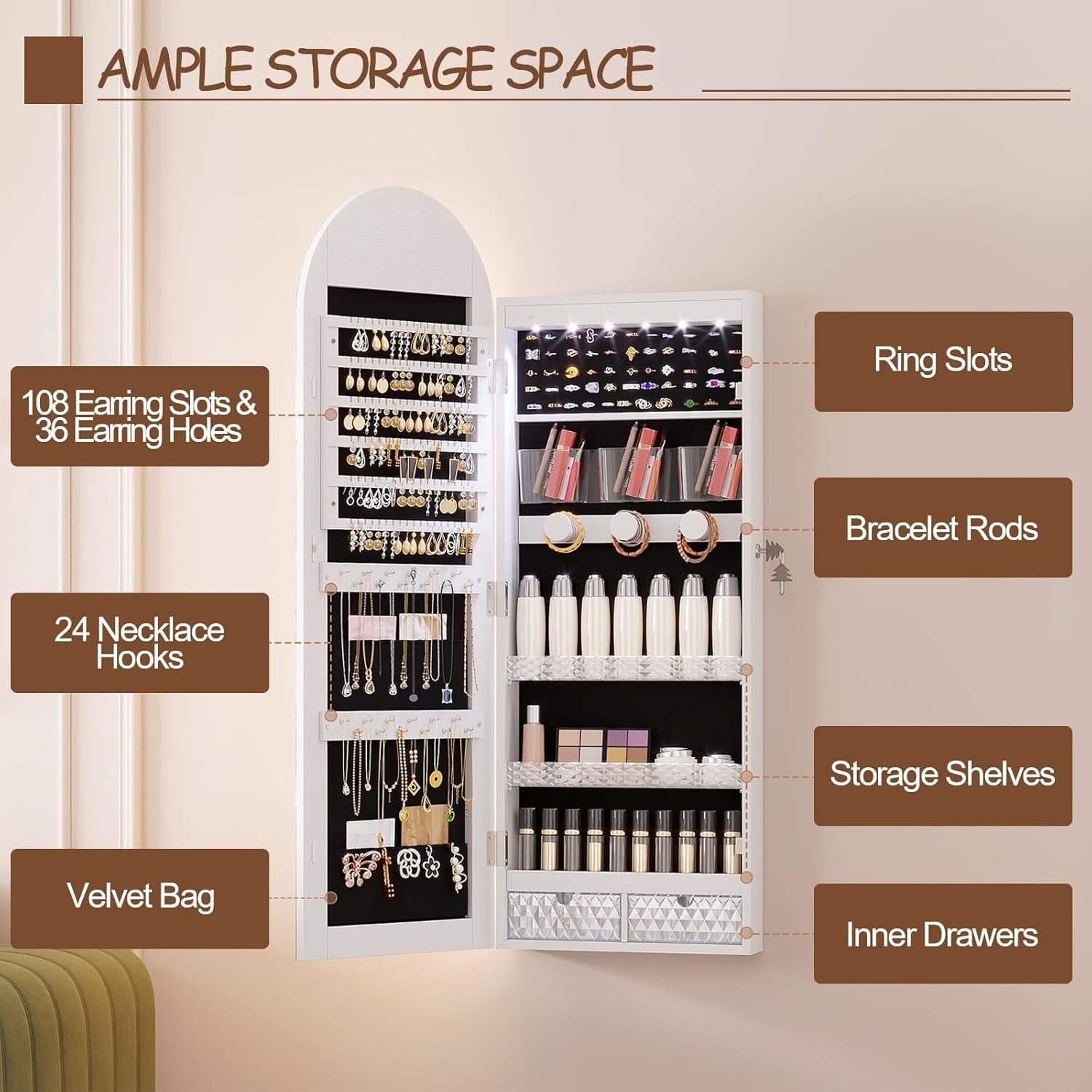 LED Arched Jewelry Armoire Wall or Door Mounted Lockable Mirror Black