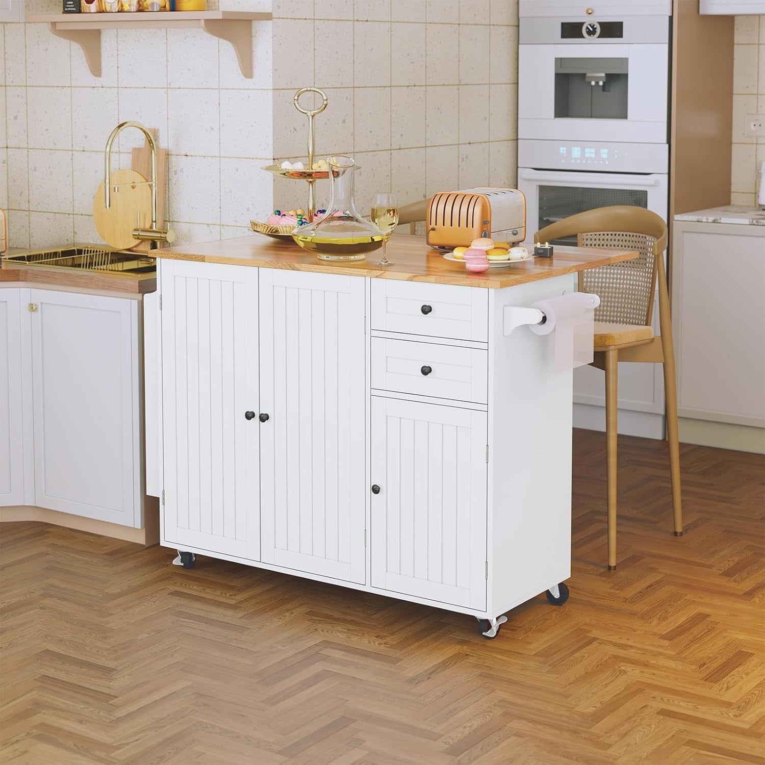 White Rolling Kitchen Island Cart Drop Leaf 128cm Storage