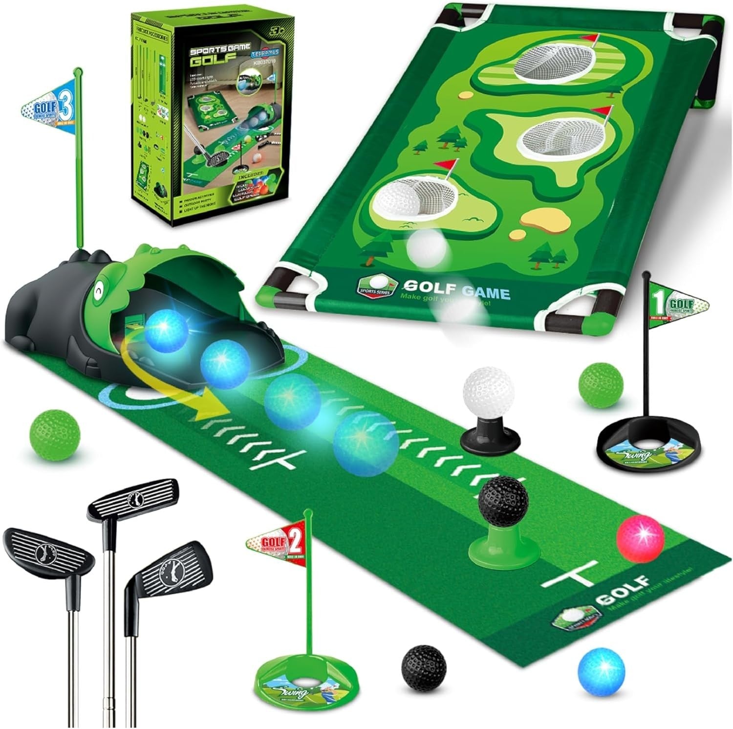 Kids Golf Set Dinosaur Putting Mat Auto Ball Return Indoor Outdoor Toy