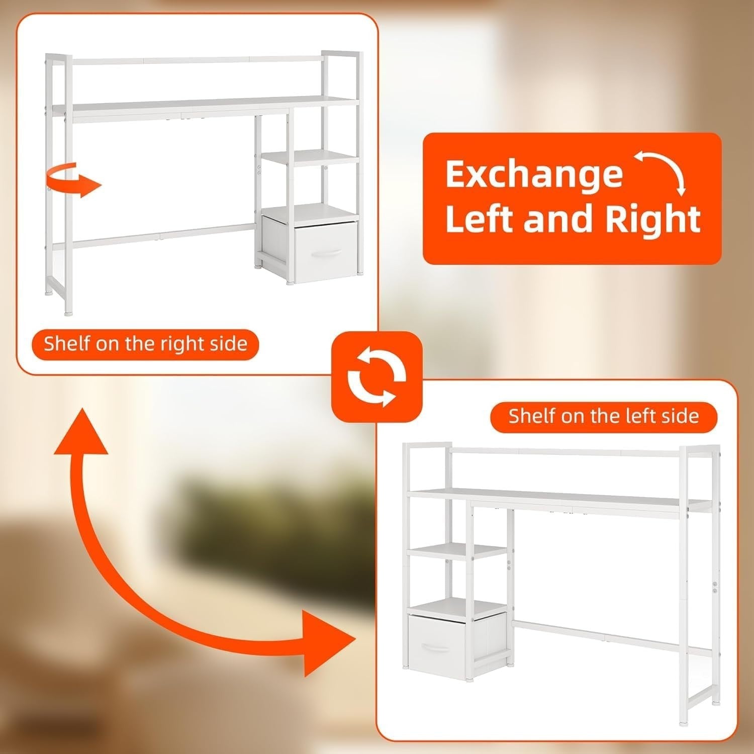 White Desk Hutch Shelf 41.3" 3-Tier Desktop Organizer with Drawer for Monitor
