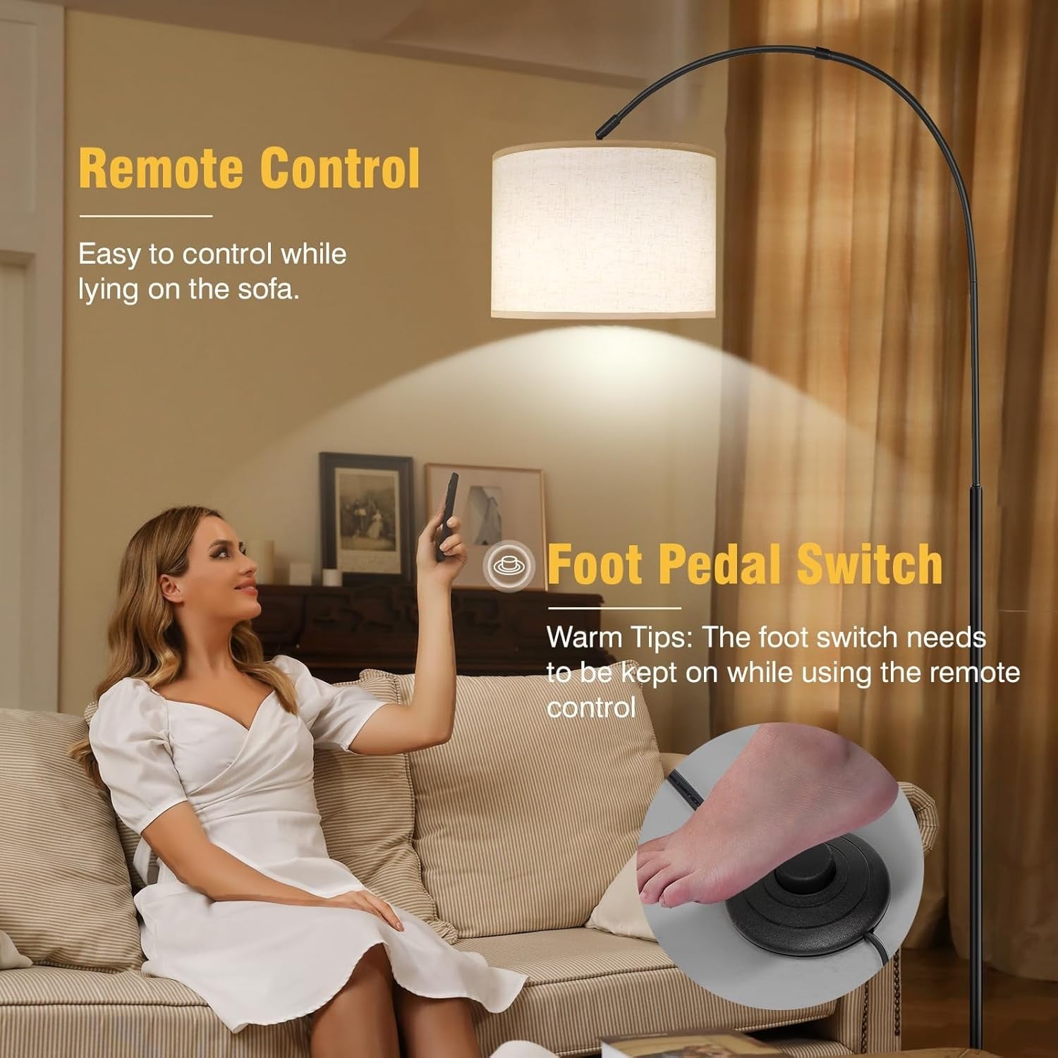 Arc Floor Lamp Dimmable Remote Control LED Standing Light Black 70in