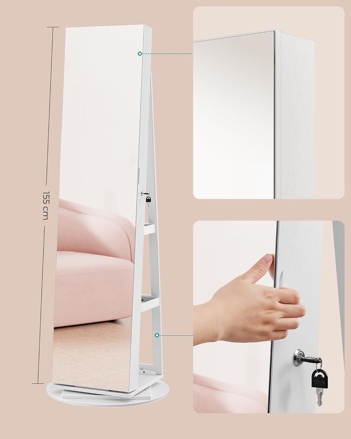 White LED Jewelry Cabinet Mirror 360° Swivel Lockable Storage Stand