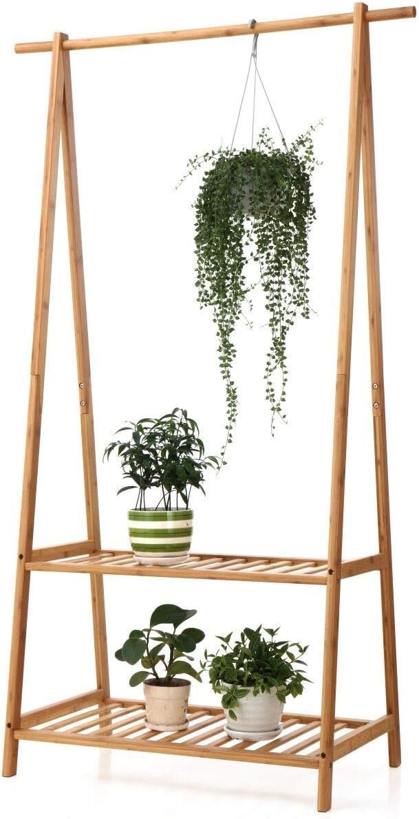 Extra Large Bamboo Clothes Rack with 2 Shelves – Brown