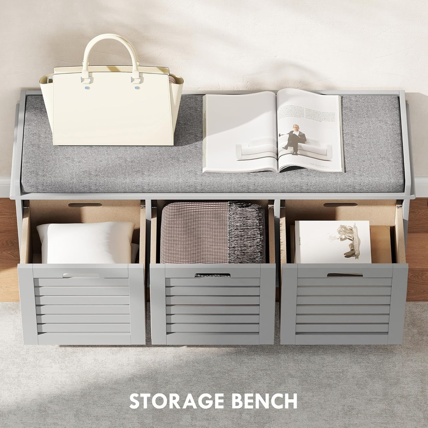 Space-Saving Shoe Storage Bench with 3 Drawers & Cushioned Seat – Grey