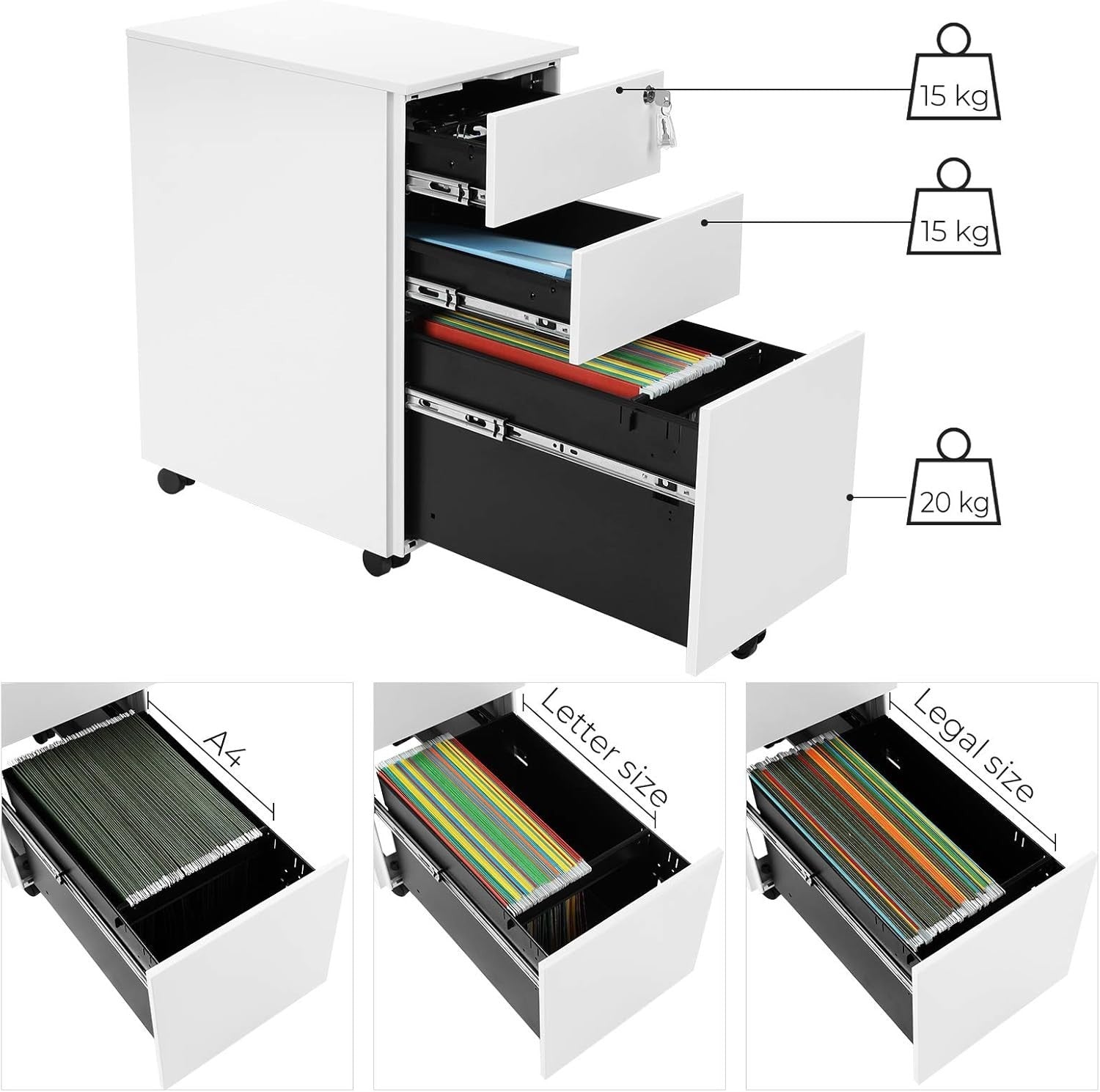 White Mobile File Cabinet 45x30x60cm Lockable Steel 3 Drawer