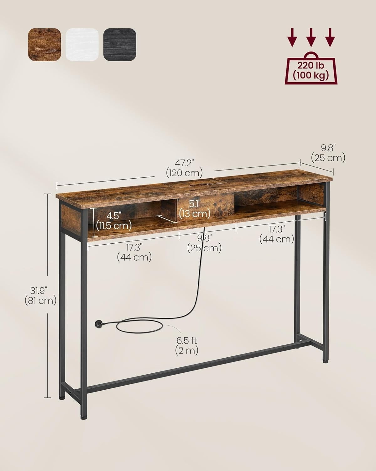 Slim Console Table with Charging Station, USB Ports, Rustic Brown, 120cm