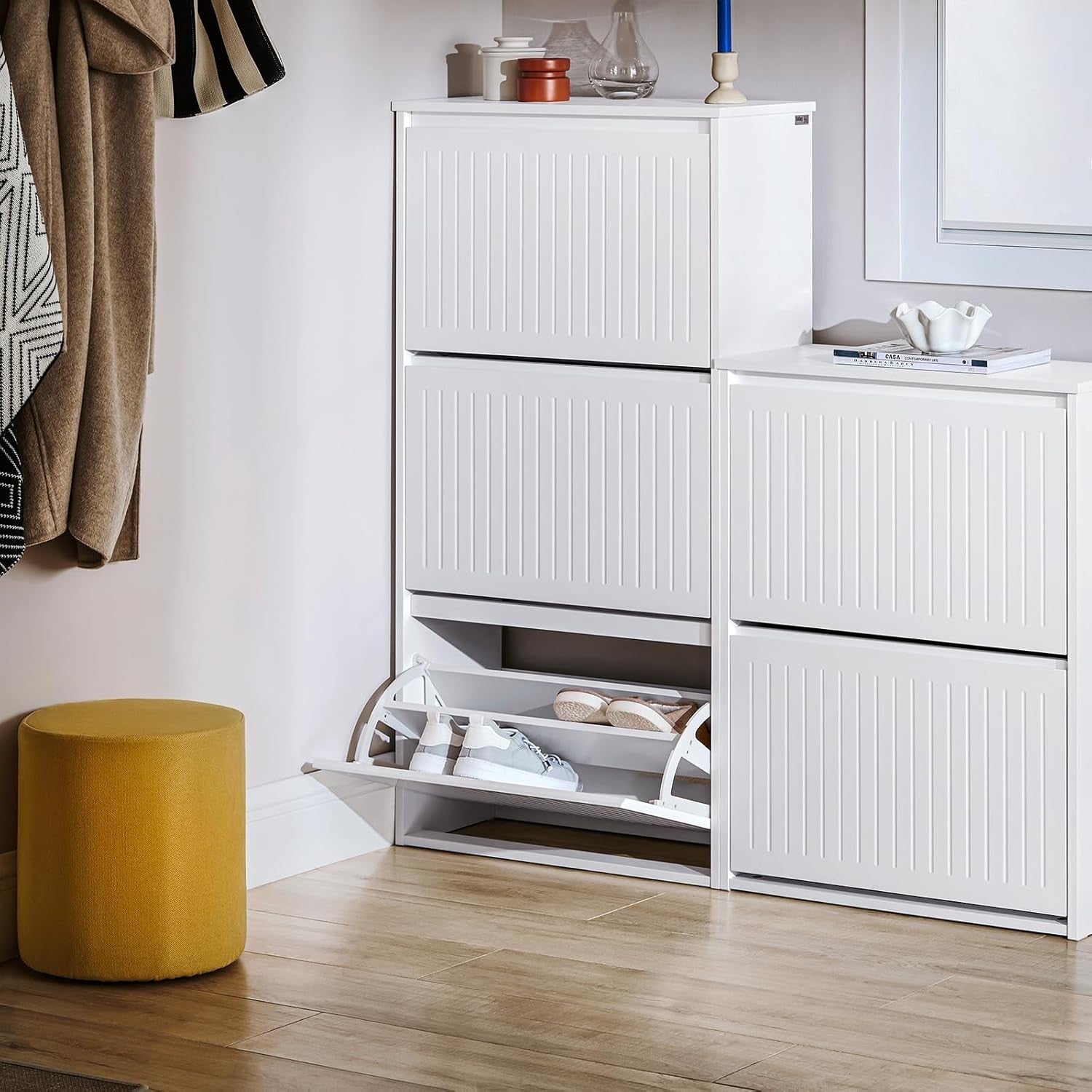 Tall White Shoe Cabinet – Slim 3 Flip Drawer Storage Unit 120cm Hallway