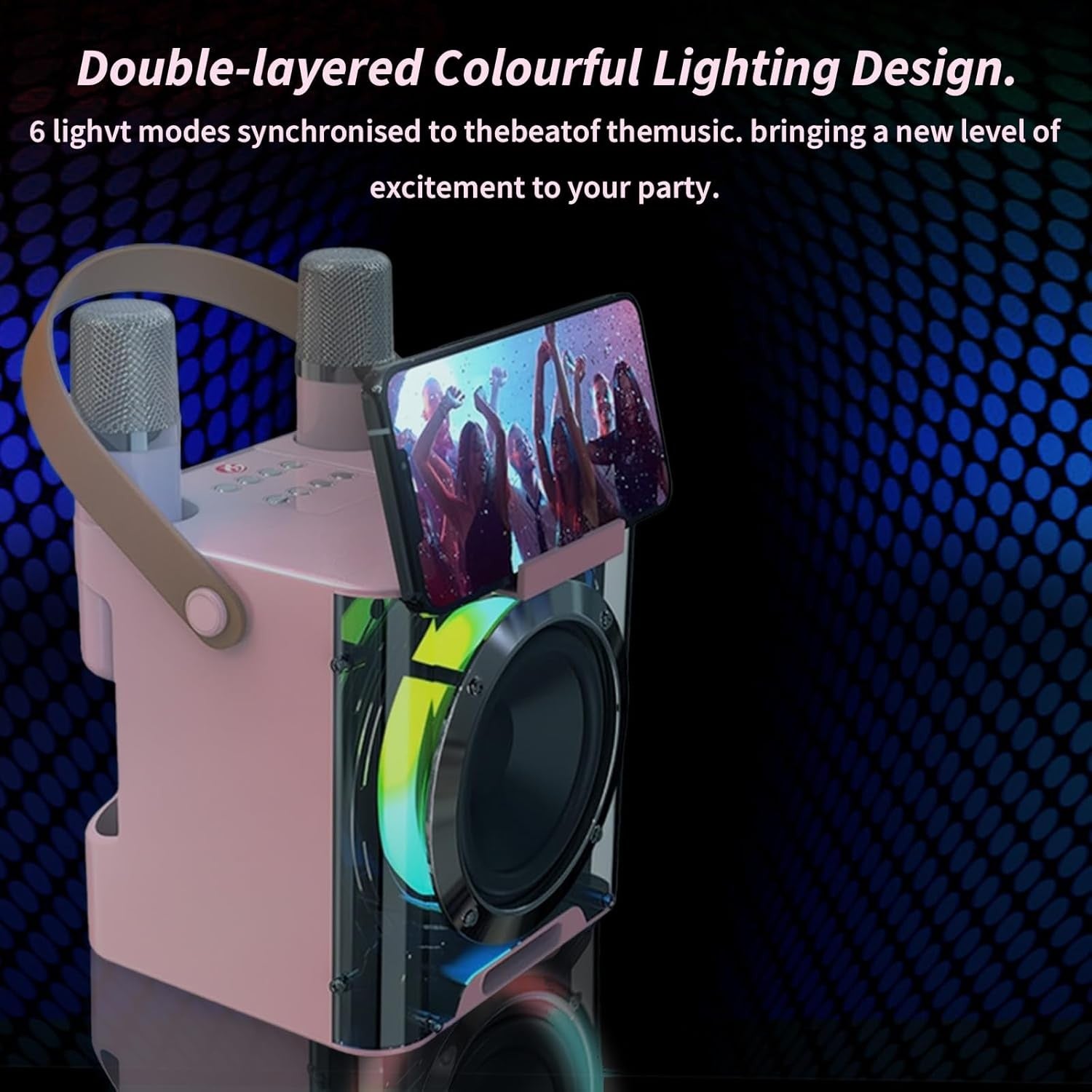 Portable Karaoke Machine 2 Wireless Mics LED