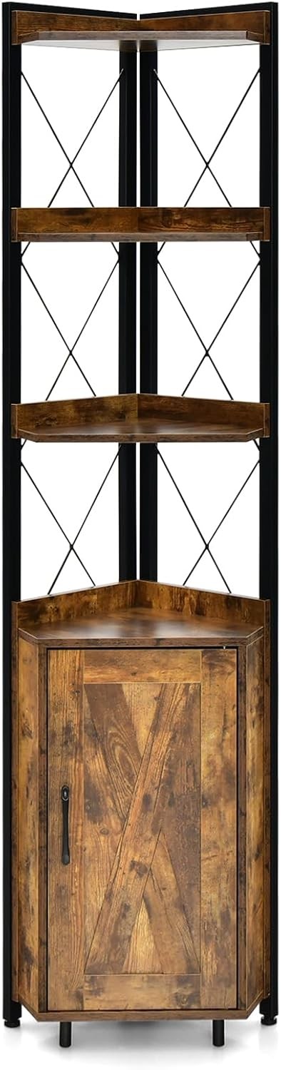 Rustic Brown 6-Tier Corner Bookcase Tall Freestanding Storage Shelf with Cabinet
