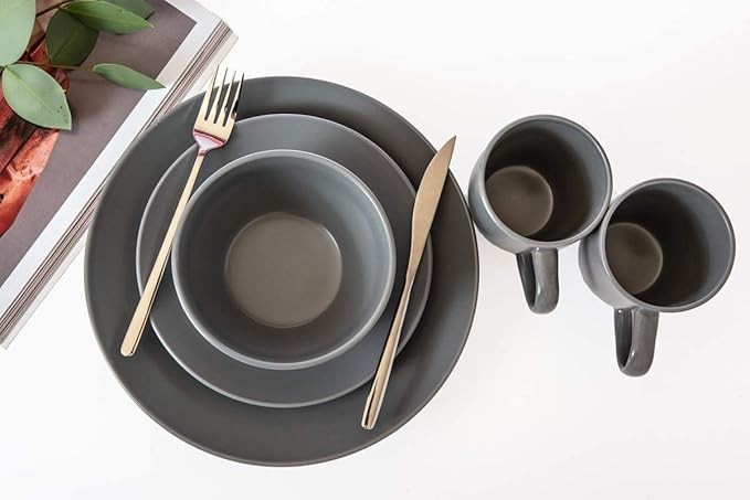 16 Piece Stoneware Dinner Set for 4 Plates Bowls Mugs Grey