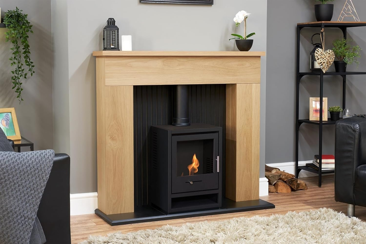 45" Oak Bio Ethanol Stove Fireplace - Eco Friendly, Freestanding Heater