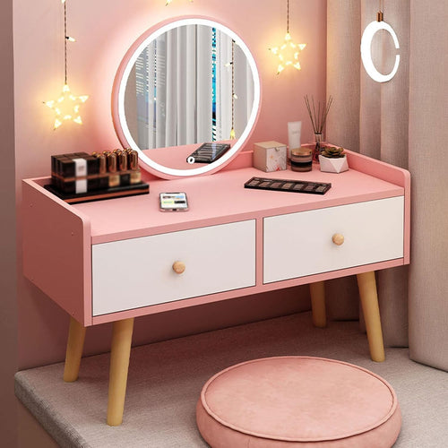 Pink Vanity Makeup Dressing Table Desk 2 Drawers Storage Bedroom Dormitory Decor