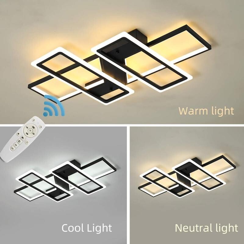 Modern LED Ceiling Light 80W Remote Black 4-Square Dimmable Flush Mount