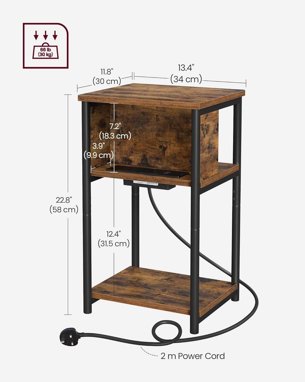 Slim Side Table with USB Charging Ports, 3 Tiers, 30x34x58cm, Rustic