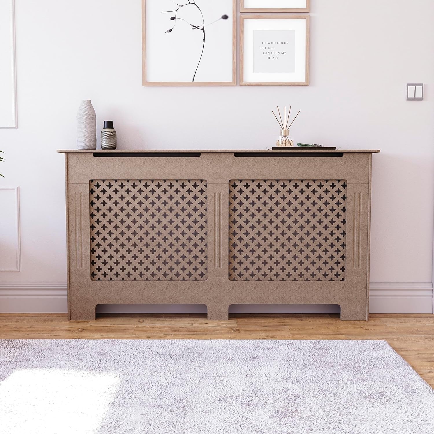 Large Unfinished Radiator Cover | Customisable MDF Cross Pattern Cabinet