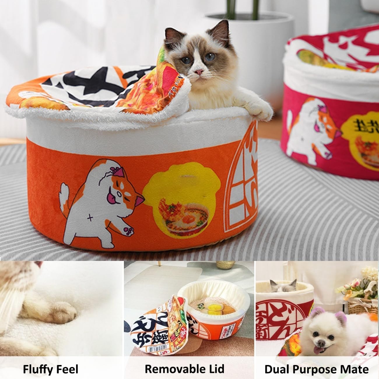 Cat Cave Bed Noodle Cup Hideaway Warm Pet House Non Slip Red L