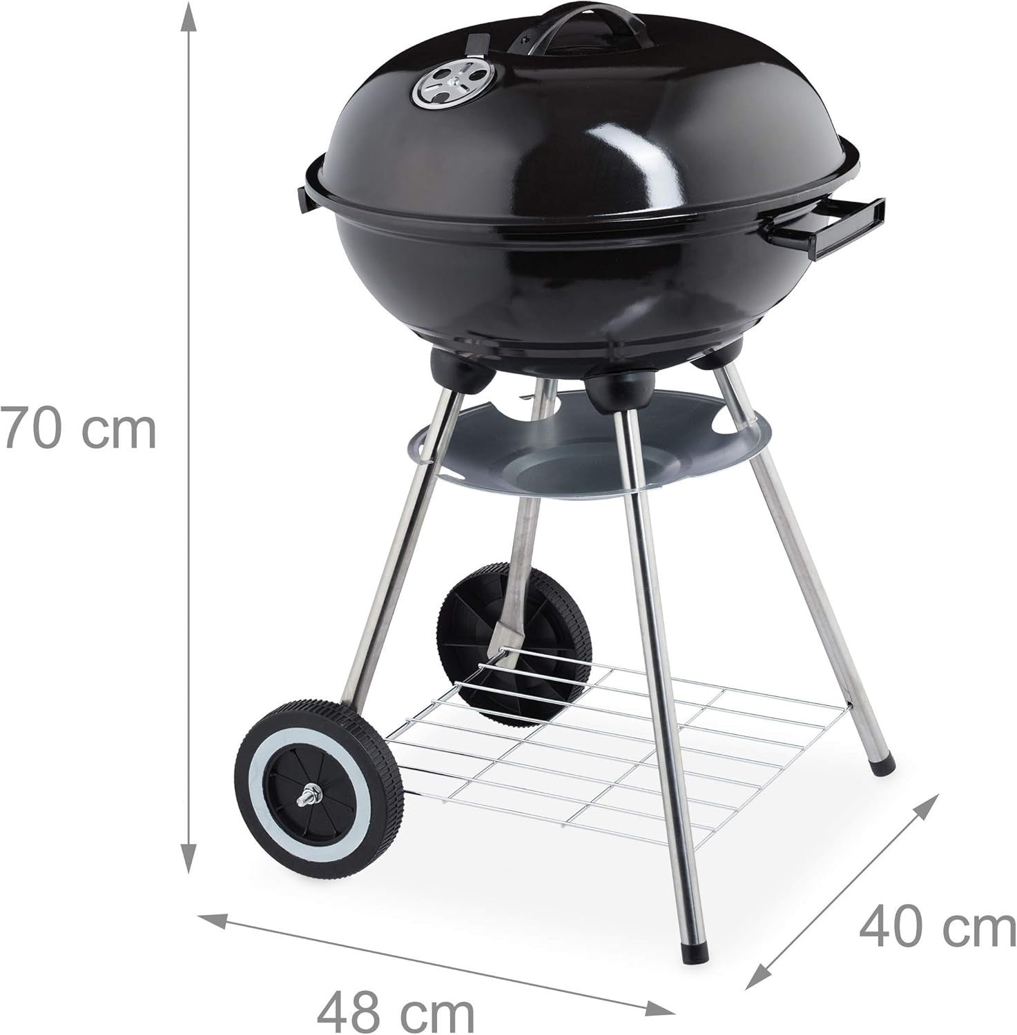 Portable Charcoal Kettle BBQ Grill 40cm with Lid & Wheels for Garden & Camping