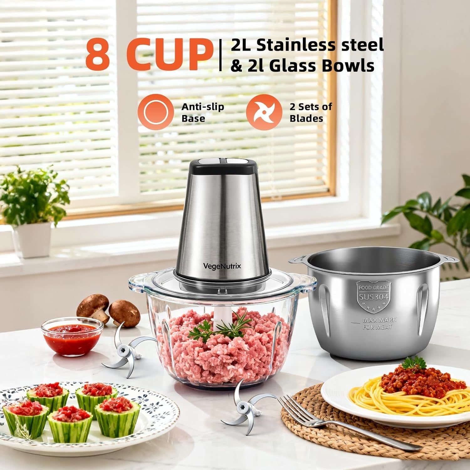 500W Food Processor Chopper Dual 2L Bowls Meat Grinder Blender
