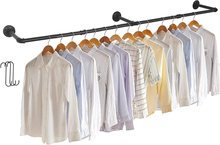 Wall Mounted Industrial Pipe Clothes Rail Heavy Duty Black 180cm