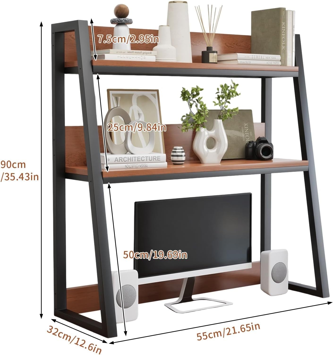 55cm Desktop Hutch 2-Tier Ladder Shelf Organizer Wooden Display Rack Brown