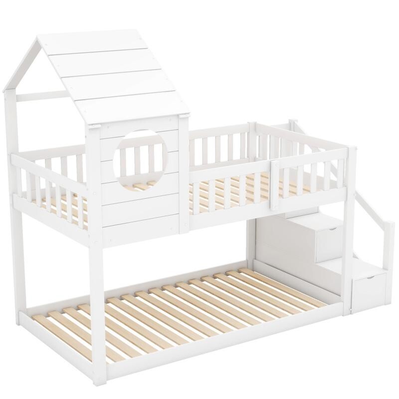 Kids White Wooden Bunk Bed with Storage Ladder 3FT Playhouse Cabin Bed Frame