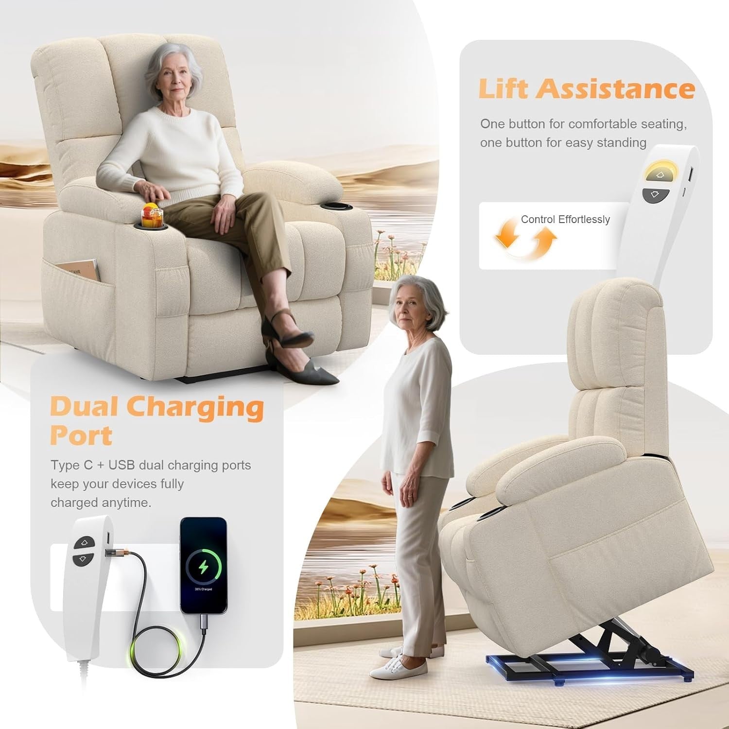 Beige Lift Recliner Chair Elderly Massage Heat USB Cup Holders Extended Footrest