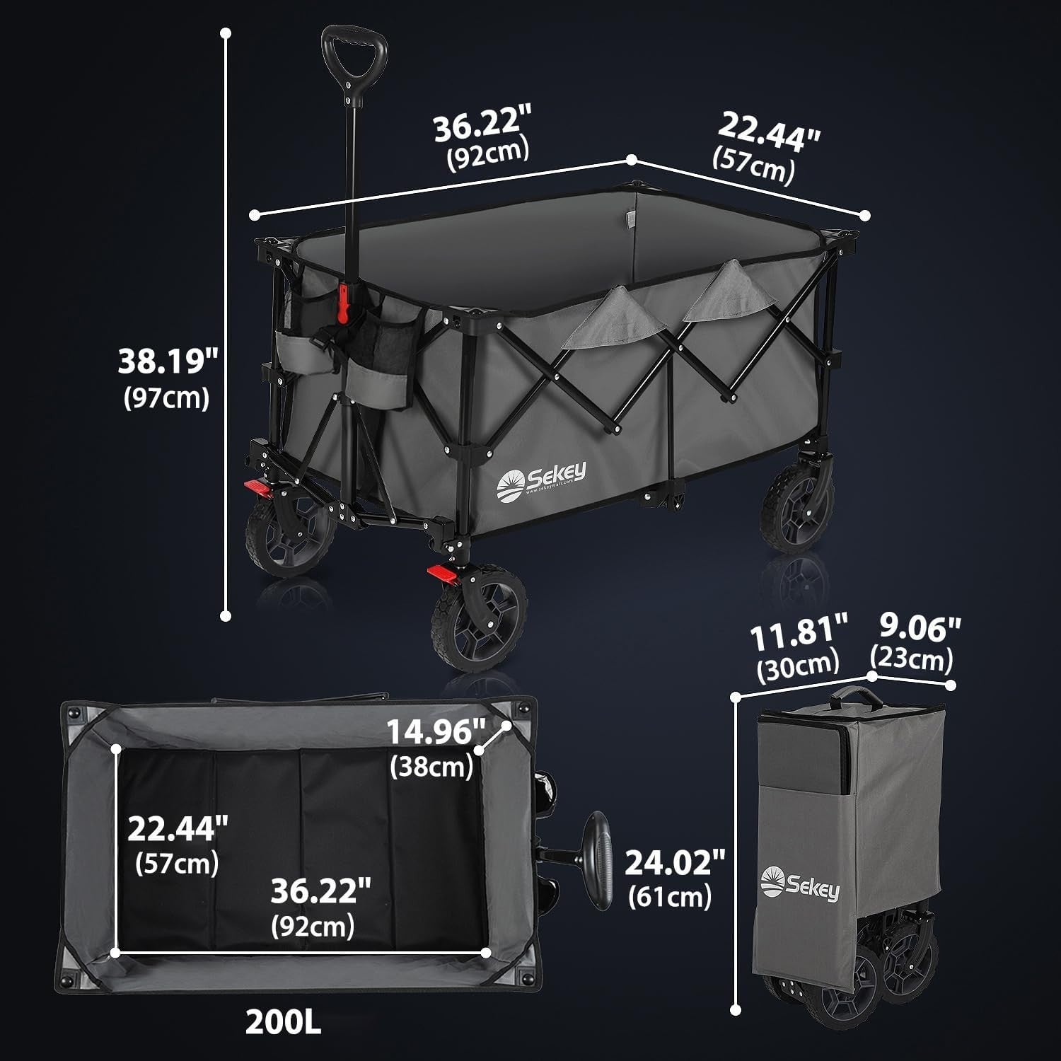 Grey 200L Heavy Duty Folding Wagon 330lbs All-Terrain Festival Camping Cart