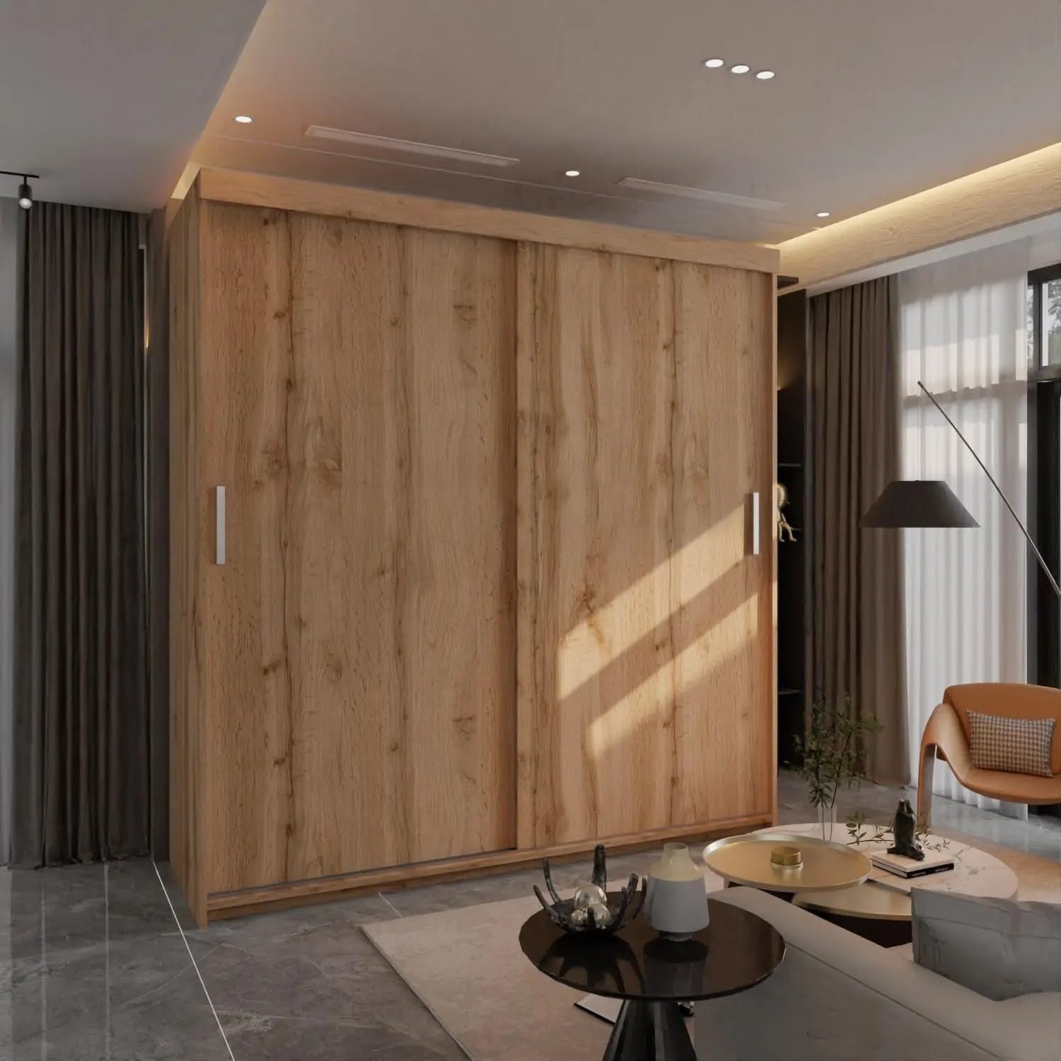 203cm Oak Sliding Wardrobe Closet with Shelves & Hanging Rail Storage