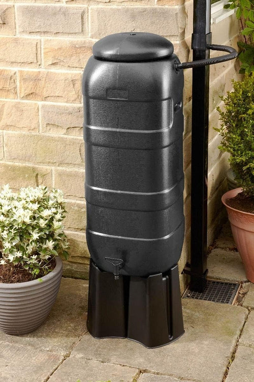 100L Slim Line RainSaver Water Butt With Stand Tap & Diverter Black