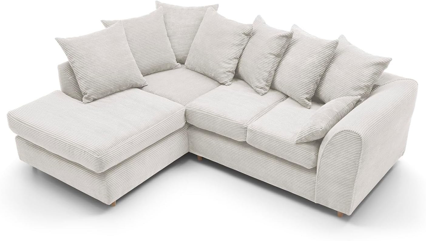 White Jumbo Cord Corner Sofa | L Shape Chaise Lounge | Deep Cushions | 4 Seater