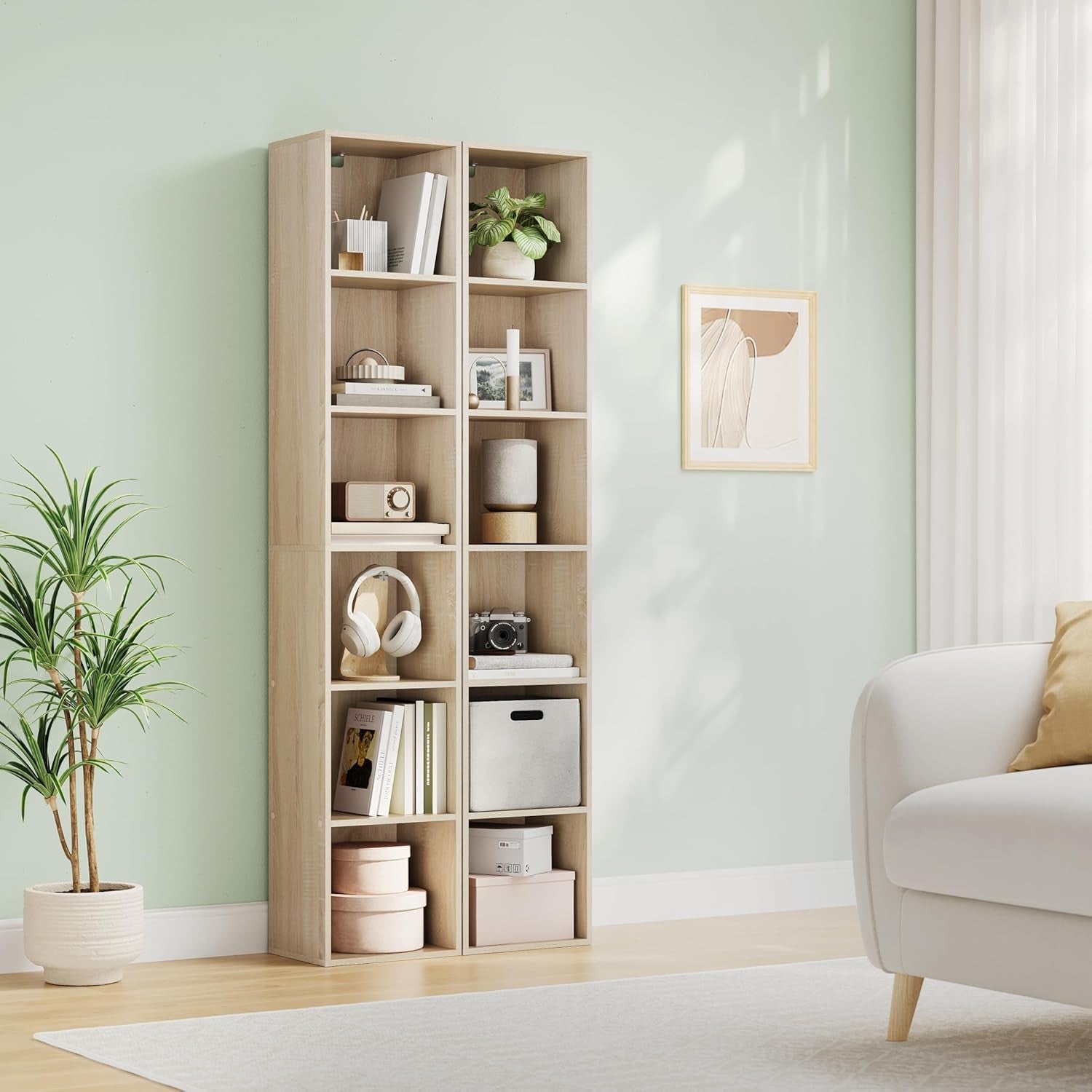 Tall Oak Bookcase 6 Cube Shelf Unit Modern Slim Storage for Living Room Bedroom