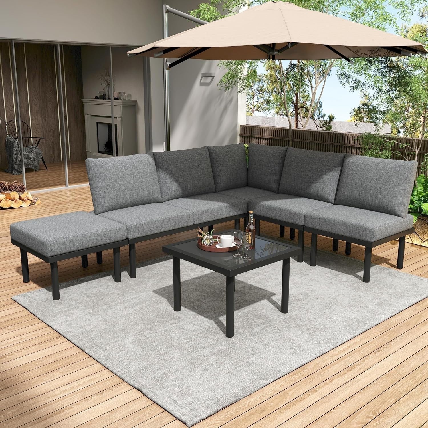 Modern Outdoor Garden Corner Sofa Set 6-Seater w/ Cushions & Table