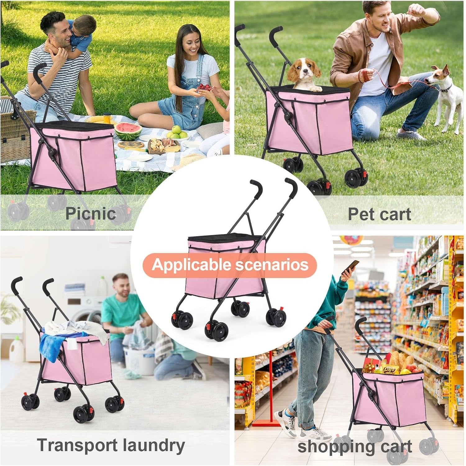 Pink Foldable Pet Shopping Cart Stroller 60lb Heavy Duty Utility Wagon