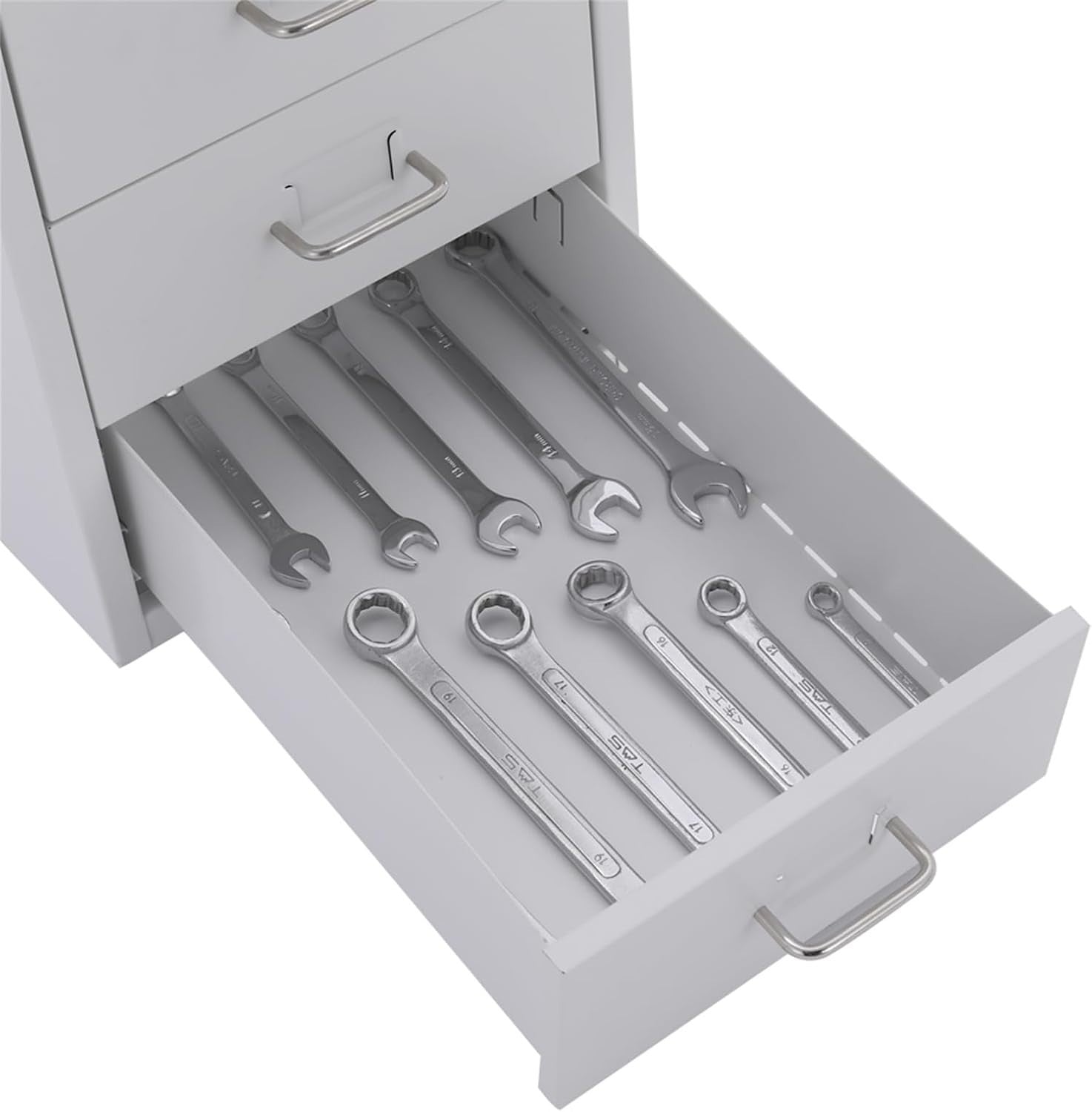 Silver White Mobile Filing Cabinet 8 Drawer 109cm Rolling Office