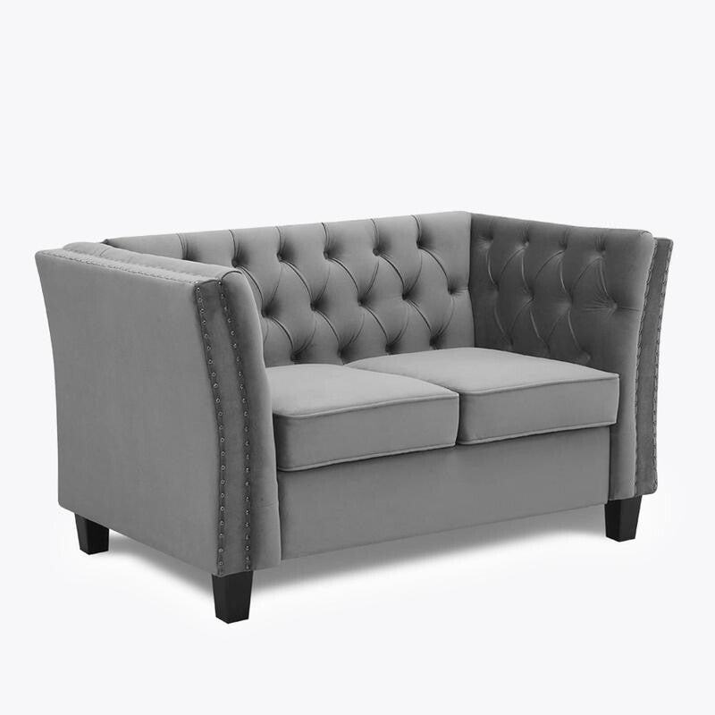 2 Seater Light Grey Velvet Sofa Chesterfield Tufted Arms Couch UKFR