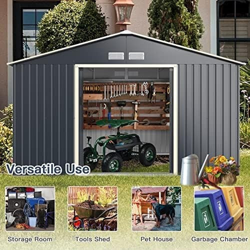 Metal Garden Storage Shed 11x8ft Waterproof Outdoor Tool Shed,Sliding Doors Grey