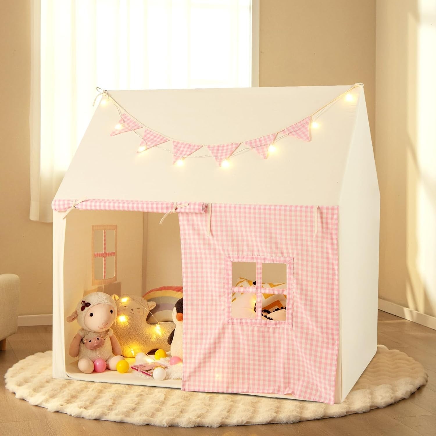 Pink Kids Castle Play Tent with Mat Star Lights Fairy Indoor House