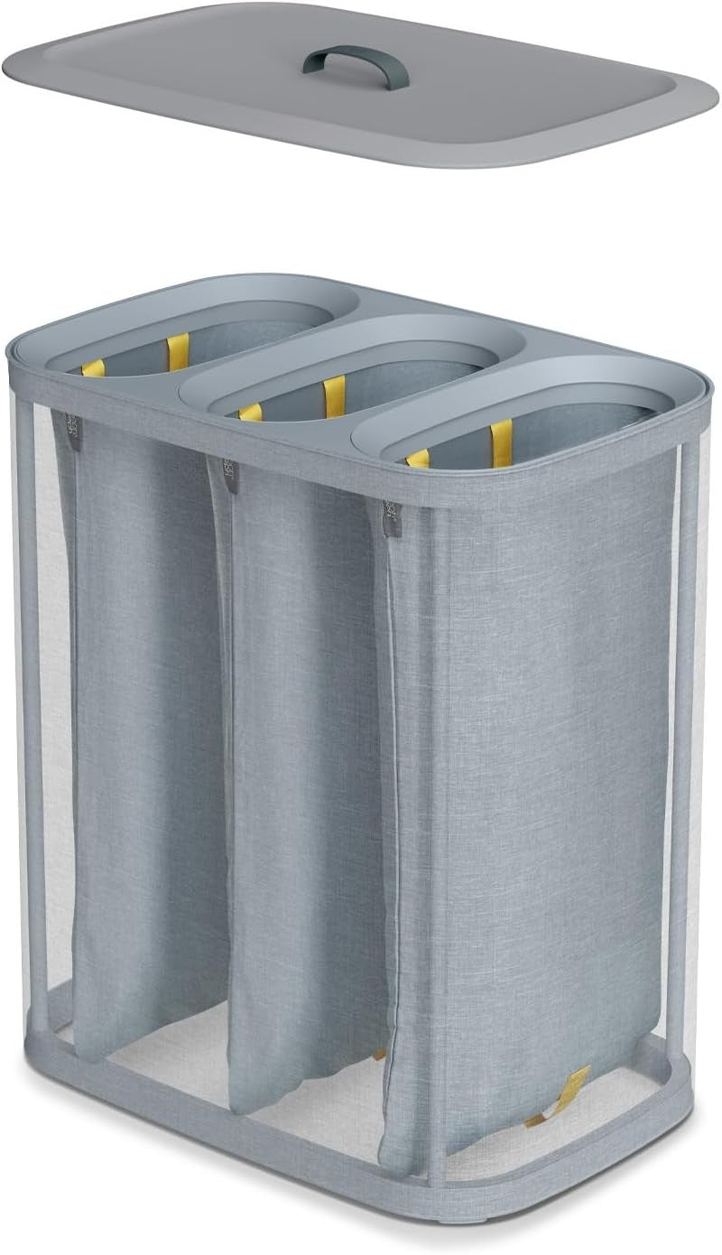 90L Trio Laundry Basket with Lid 3 Removable Washing Bags Grey Modern Organiser