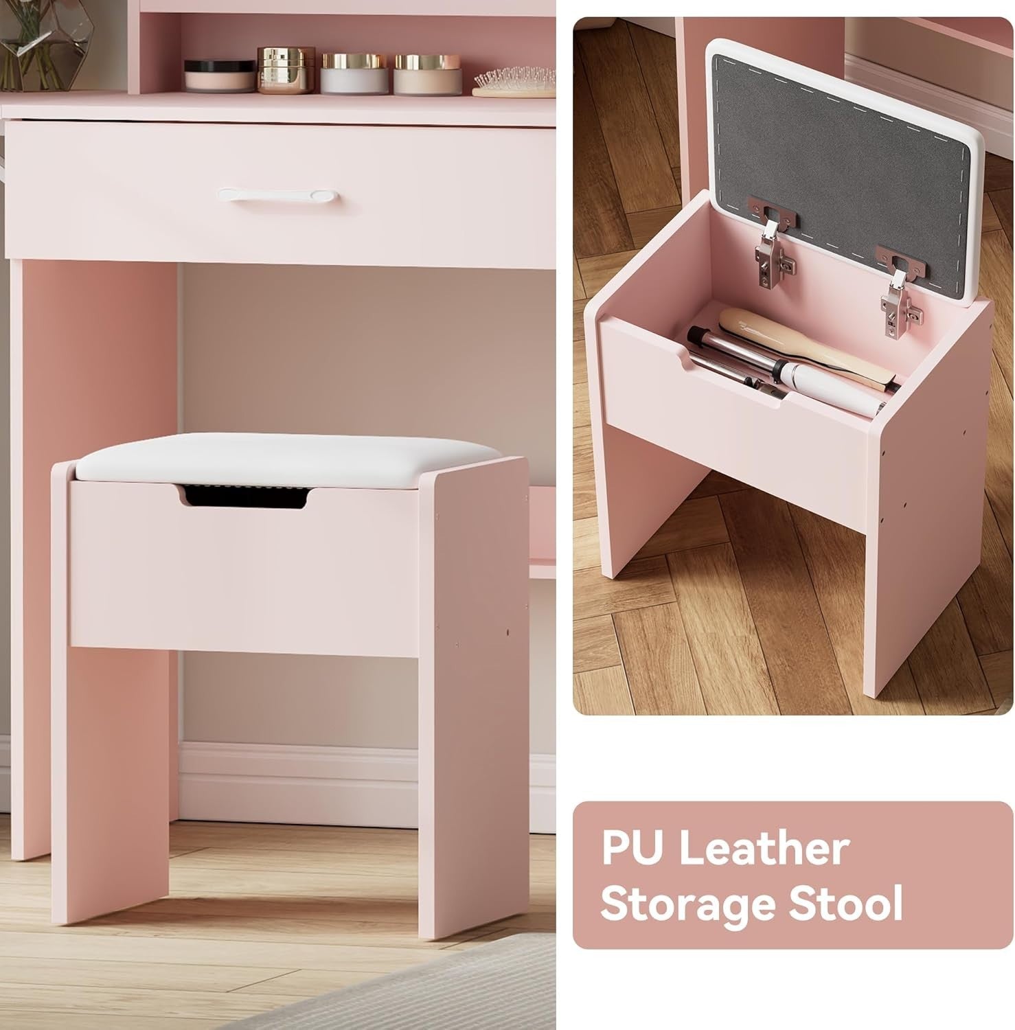 Pink Vanity Desk Makeup Table Set w/LED Light Mirror Drawers Stool Storage