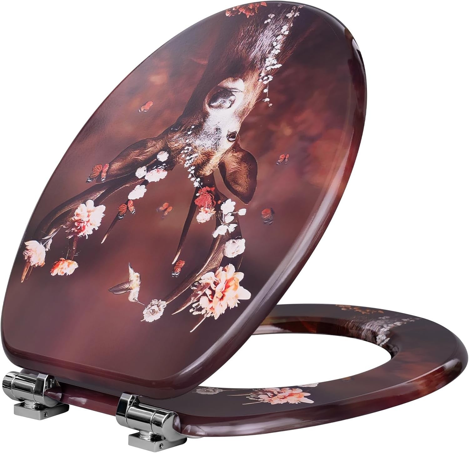 O-Shaped Toilet Seat Soft Close Quick Release Adjustable Hinges Deer Pattern MDF
