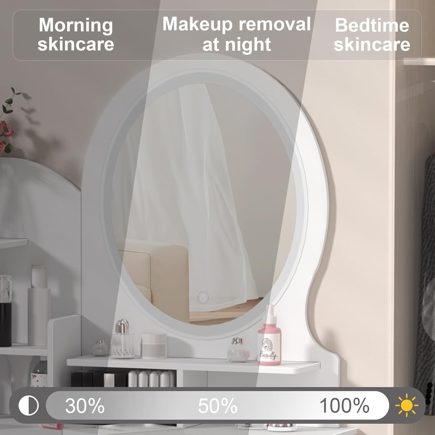 European Style Makeup Vanity Desk Lighted Mirror 3 Color LED 4 Drawers Storage