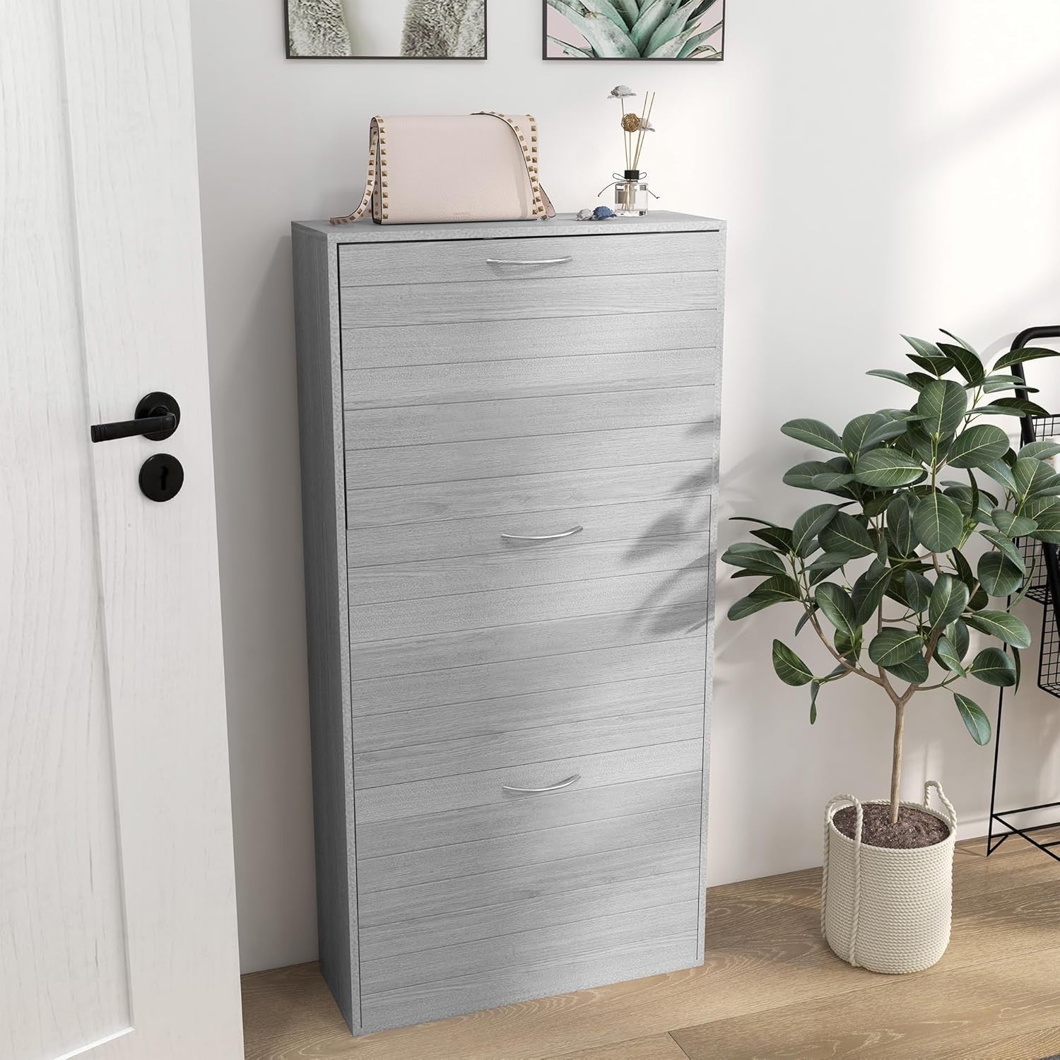 Slim Grey Shoe Cabinet – 3 Flip Drawers, 12 Pair Storage, Narrow Hallway Unit