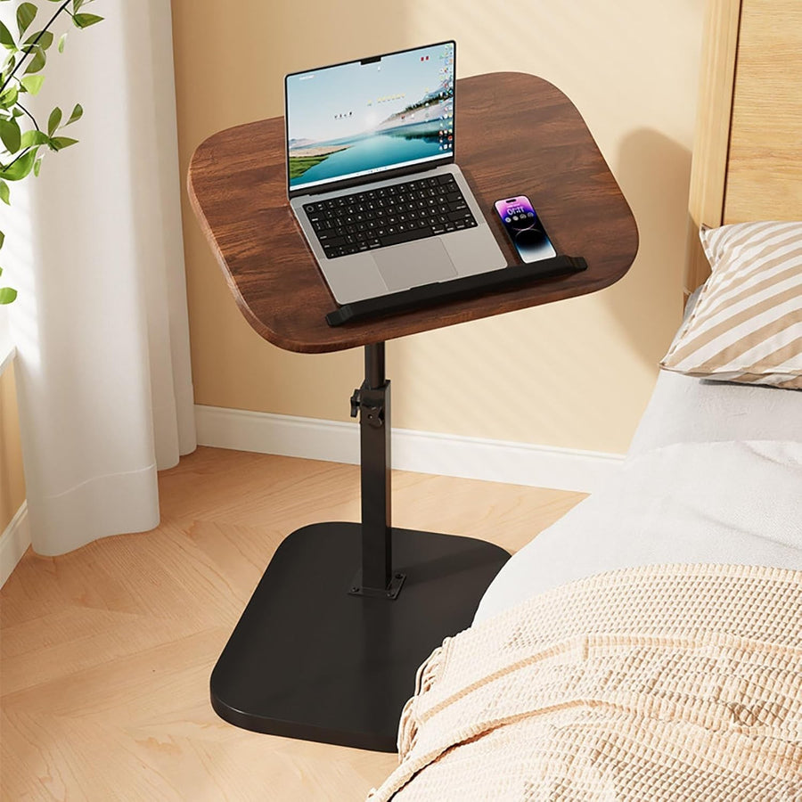 Walnut Lift Top Laptop Side Table Adjustable Height 360° Swivel C Shape