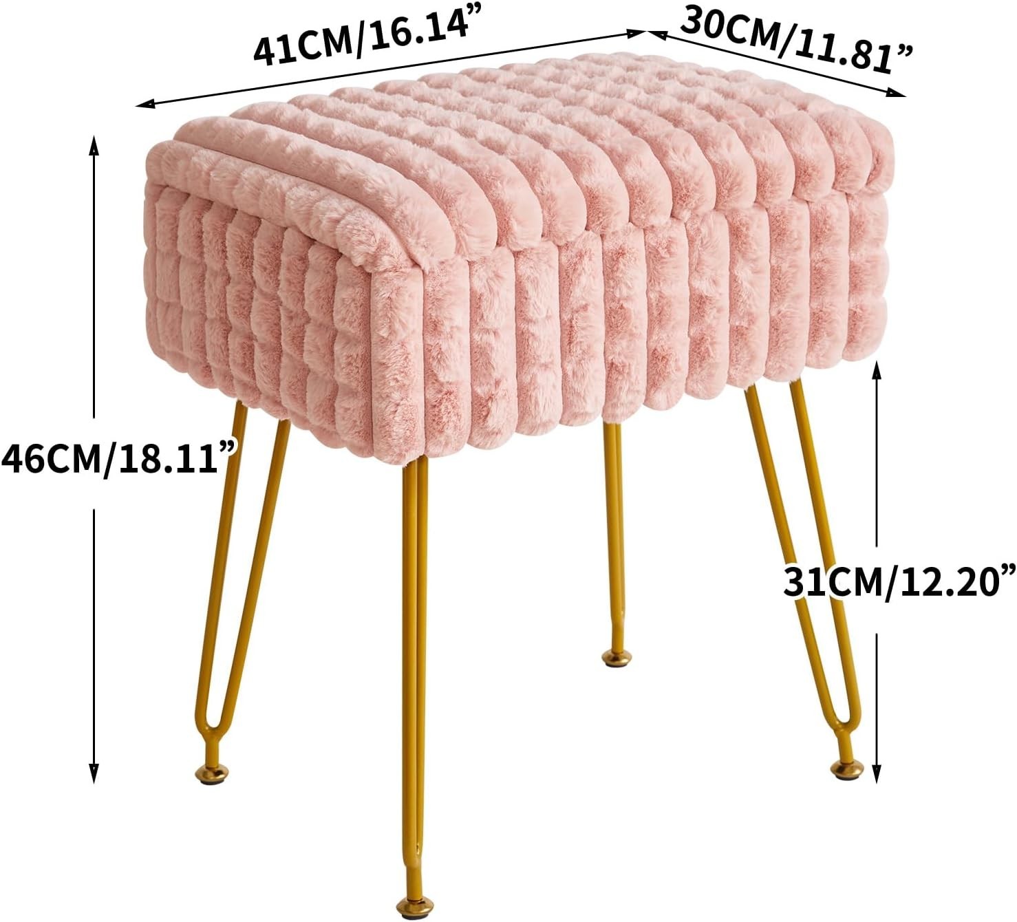 Pink Rectangular Vanity Stool with Storage – Padded Seat & Metal Legs