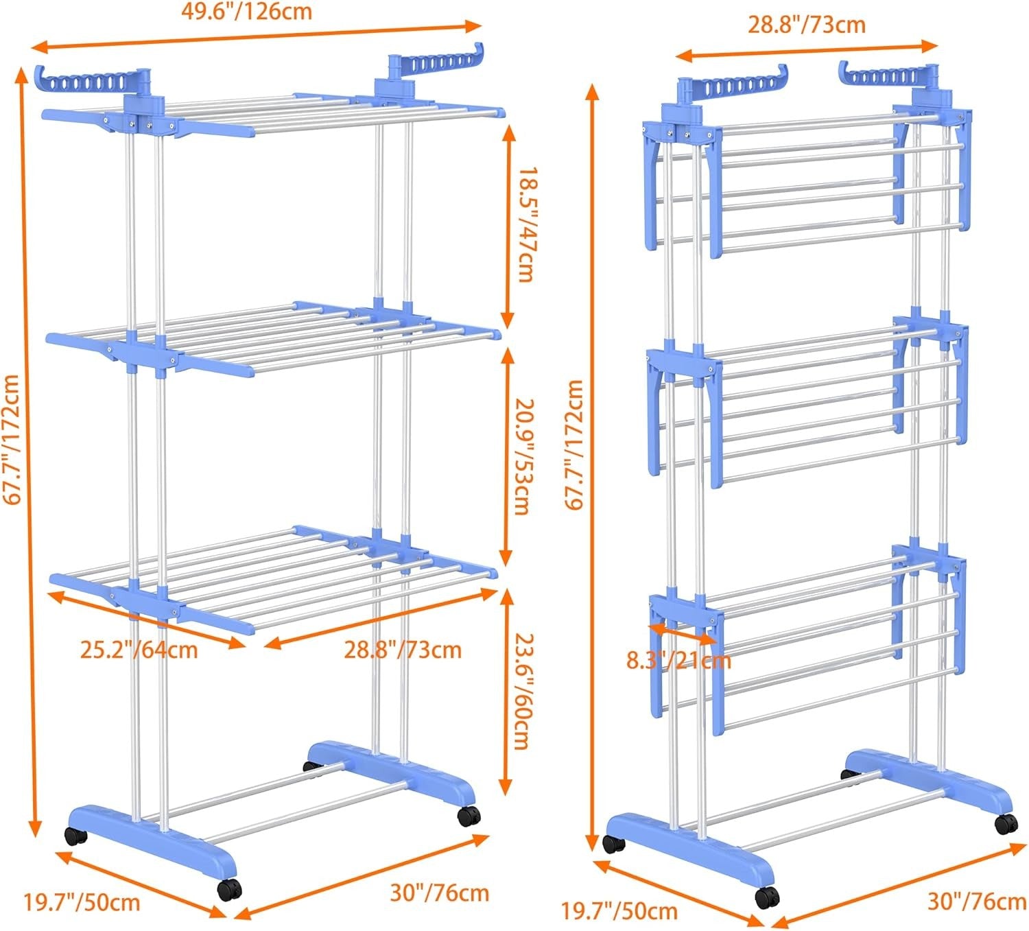 4 Tier Clothes Airer Stainless Steel Foldable Drying Rack with Wheels Blue