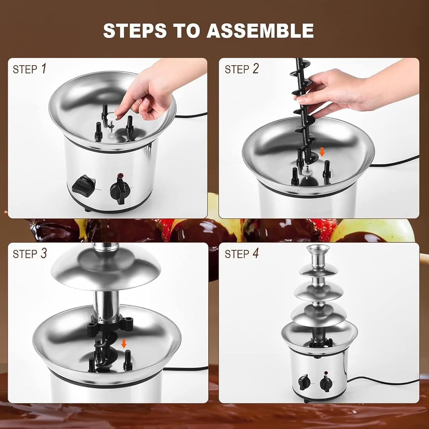 4 Tier Chocolate Fountain Machine 170W Electric Fondue Melter 220V