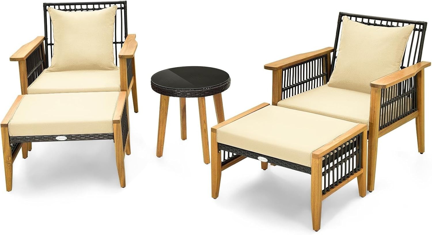 5 Piece Rattan Garden Sofa Set with Chairs Ottomans Glass Table Patio