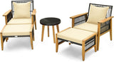 5 Piece Rattan Garden Sofa Set with Chairs Ottomans Glass Table Patio